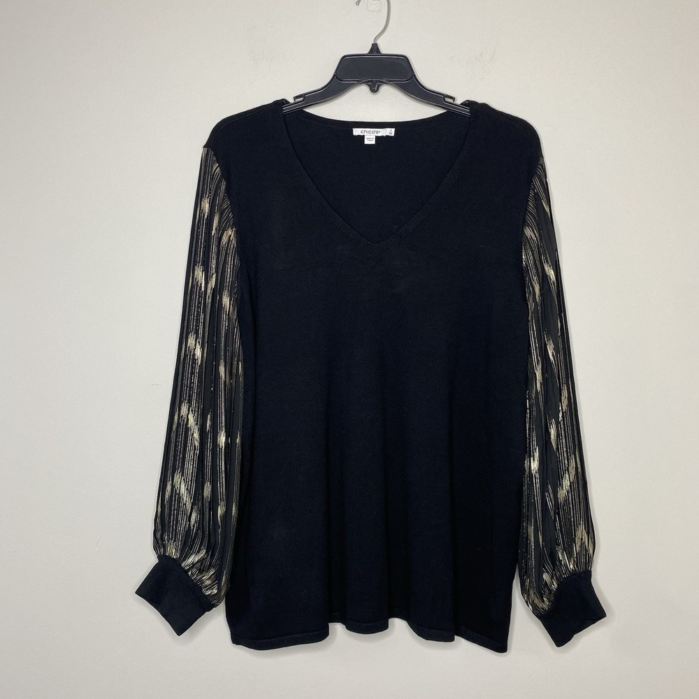 Chico's 4 US XXL Tunic‎ Top Black Sweater Knit Metallic balloon Pleated Sleeves